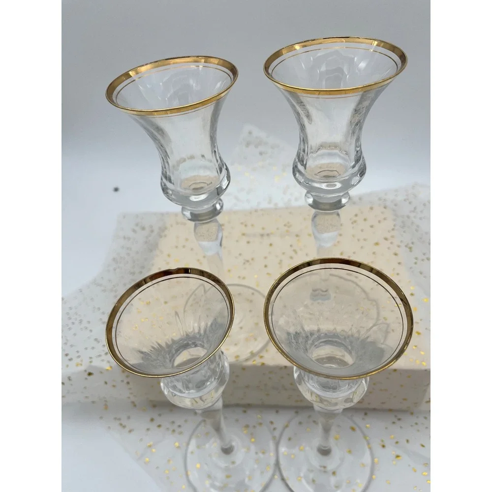 Unbranded Crystal Candle Holder Set 4 Clear Gold Rim Excellent Tapered Stem 8in